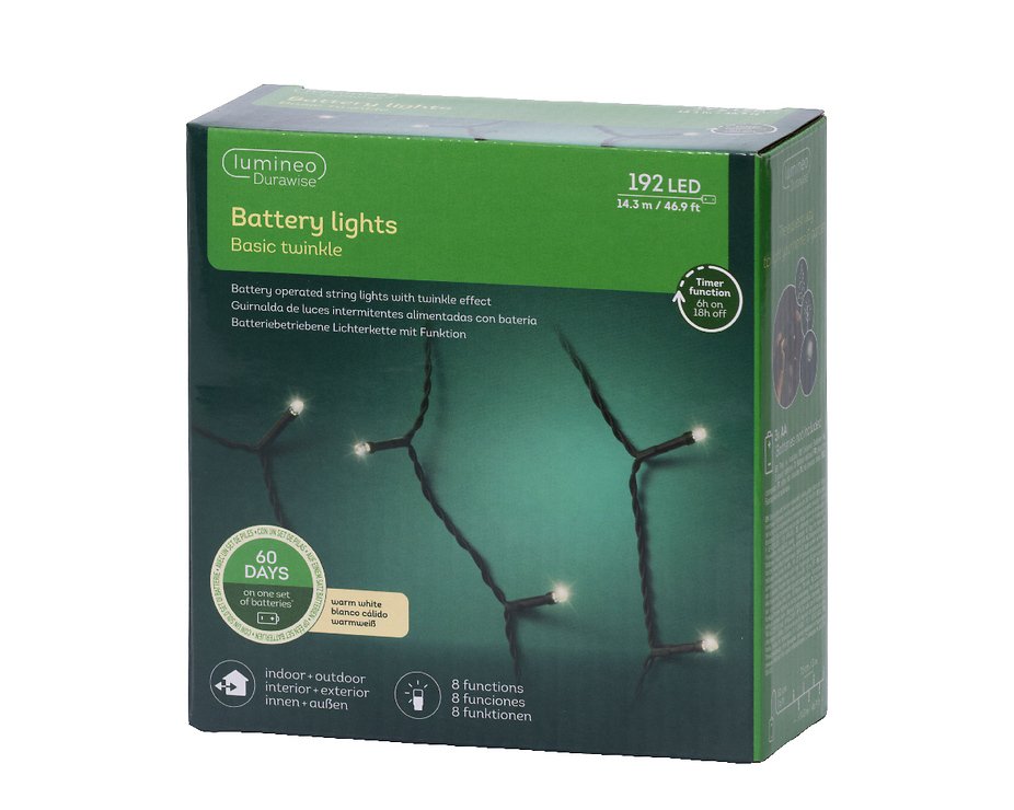 Lumineo Durawise LED-Lichterkette Basic Twinkle 192 LED warmweiß außen 14,3 m batteriebetrieben schwarz - Thumbnail 5