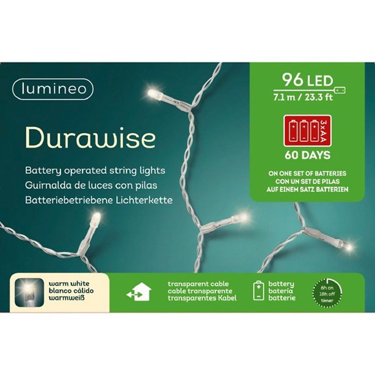Lumineo Durawise Lichterkette Basic 96 LED warmweiß außen 7,1 m batteriebetrieben transparent - Thumbnail 4