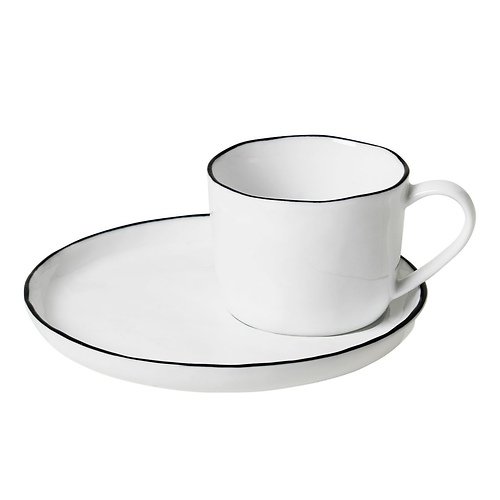 Taza de café expreso Broste con platillo Salt S 100 ml porcelana blanca negra