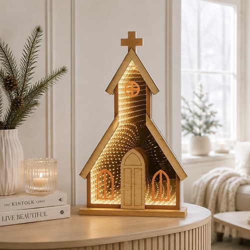 Luca Lighting LED Leuchtdeko Kirche 50 LED warmweiss 38 cm Holz Braun