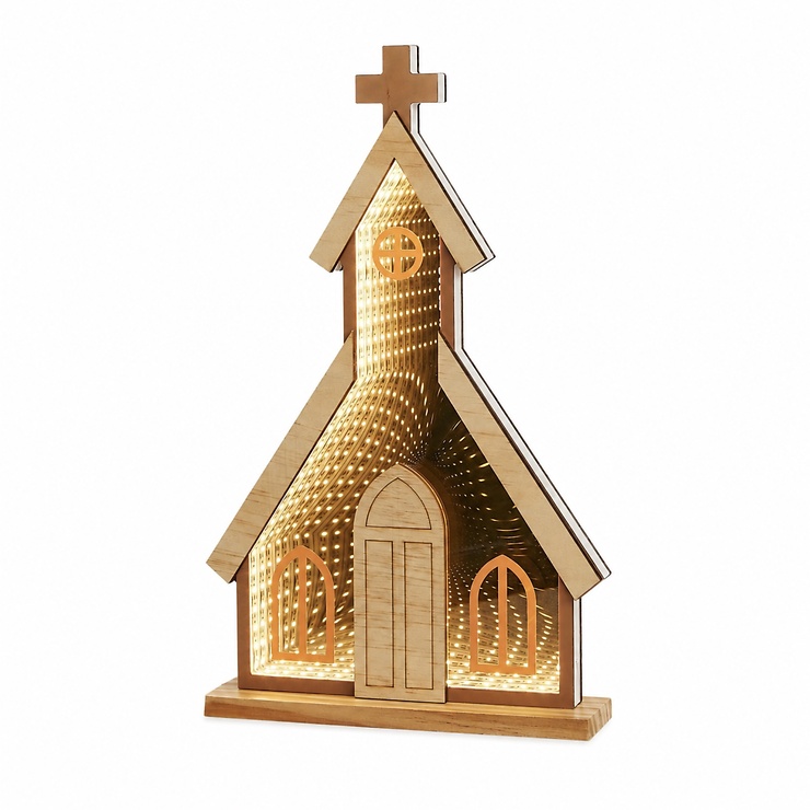 Luca Lighting LED Leuchtdeko Kirche 50 LED warmweiss 38 cm Holz Braun - Thumbnail 2