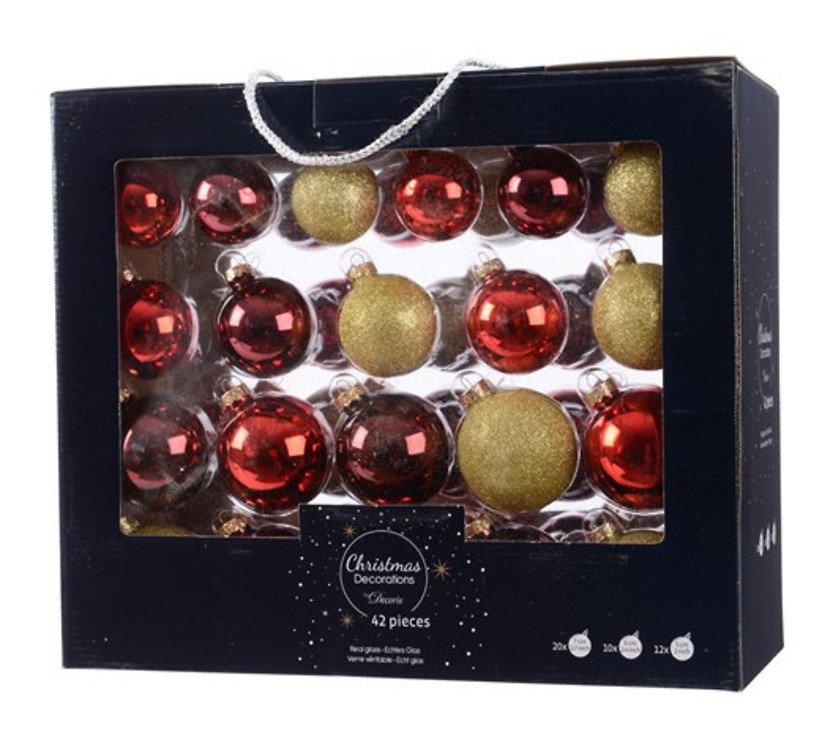 Mezcla de bolas de Navidad Kaemingk 7/6/5cm 42 piezas de vidrio de oro rojo - Pic 1