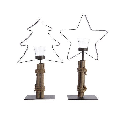 Kaemingk Tealight Holder Set of 2 Tree Star Iron/Wood 44cm