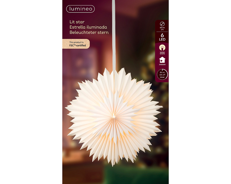 Kaemingk Lumineo podświetlany papier gwiaździsty 6 LED ciepły biały zasilany bateryjnie 60 cm biały  - Thumbnail 4