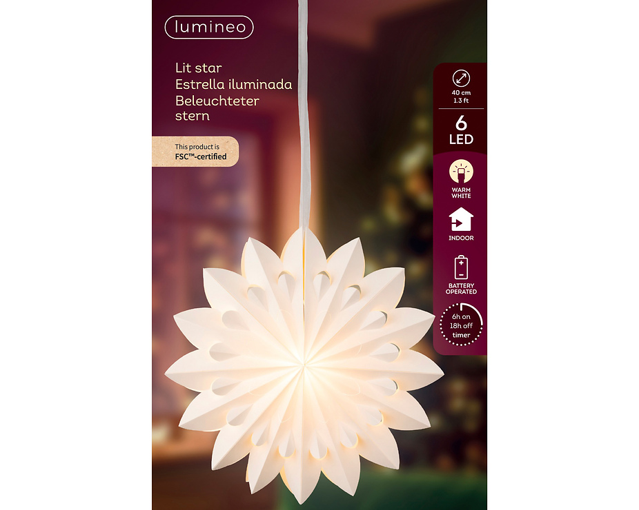 Kaemingk Lumineo LED-papirstjerne 6 LED varm hvid indendørs batteridrevet 40 x 10,5 cm hvid  - Thumbnail 4