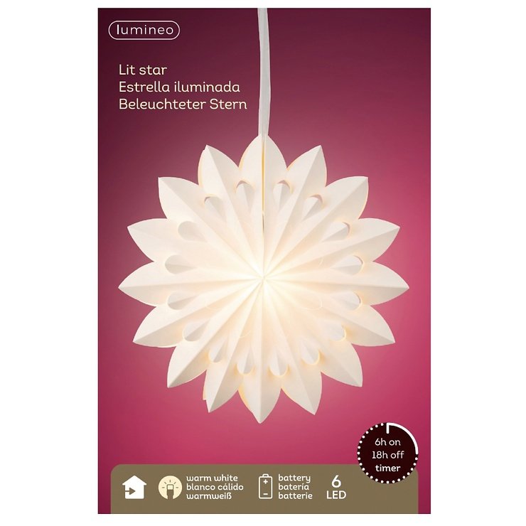 Kaemingk Lumineo papel de estrella iluminado 6 LED blanco cálido a pilas 40 x 10,5 cm blanco  - Thumbnail 4