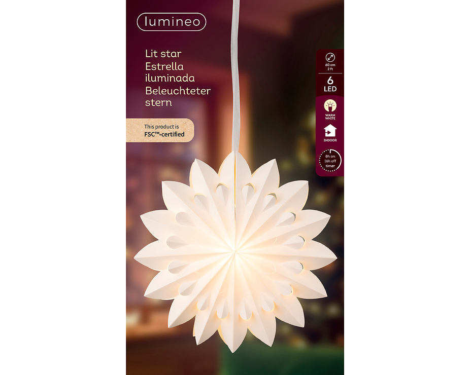 Kaemingk Lumineo podświetlany papier gwiaździsty 6 LED ciepły biały 60 cm biały  - Thumbnail 4