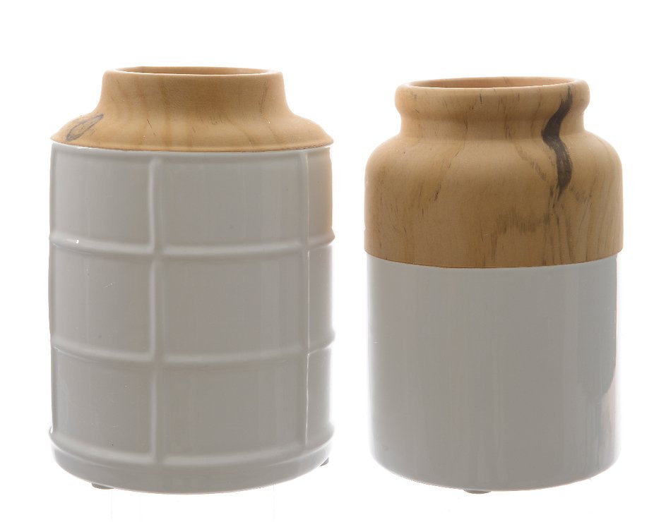 Kaemingk Vase Dolomit 2er Set Keramik 20cm Holzoptik weiß - Pic 1