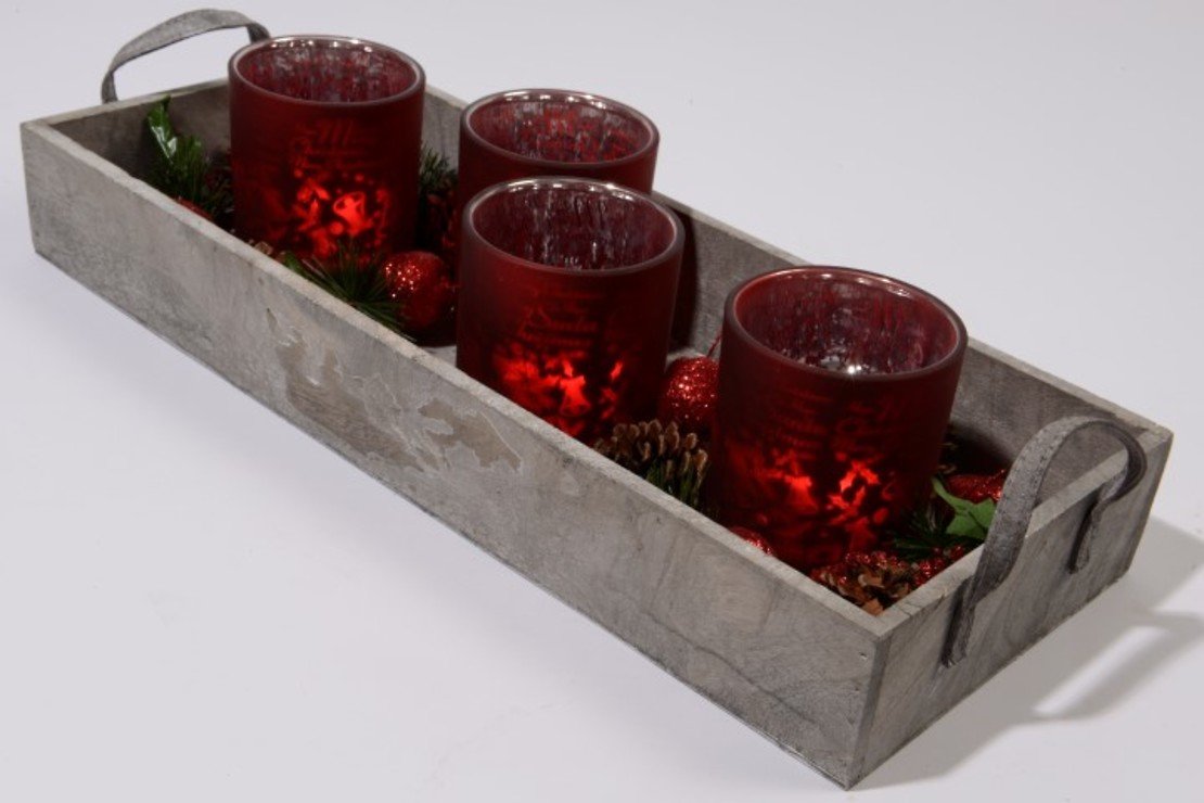 Kaemingk Glasteelichter rot mit Holztablett - Pic 1